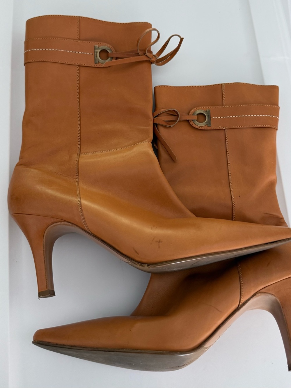 Salvatore Ferragamo Tan Leather Pointed-Toe Mid-Heel Ankle Boots